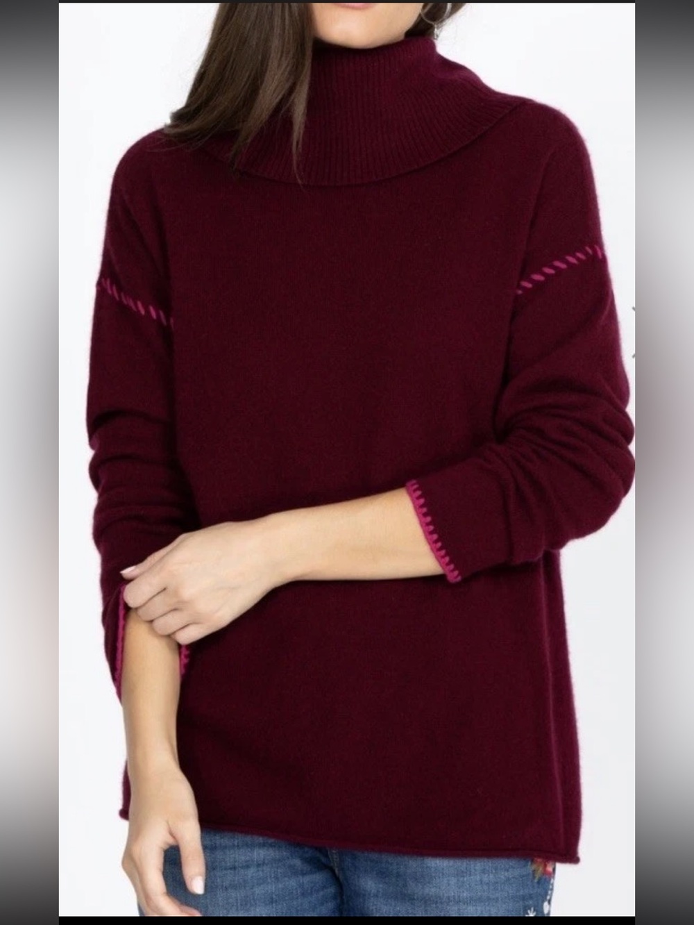 Johnny Was Rhode Recycled Cashmere Burgundy Red Cowl Turtleneck Sweater Size L